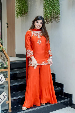Orange Floral Embroidered Chanderi Sharara Suit Set (NYS-S2104AK-Orange)
