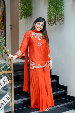 Orange Floral Embroidered Chanderi Sharara Suit Set (NYS-S2104AK-Orange)