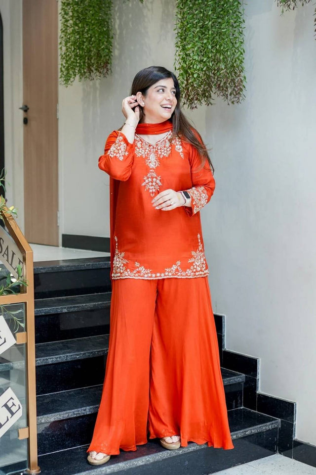 Orange Floral Embroidered Chanderi Sharara Suit Set (NYS-S2104AK-Orange)