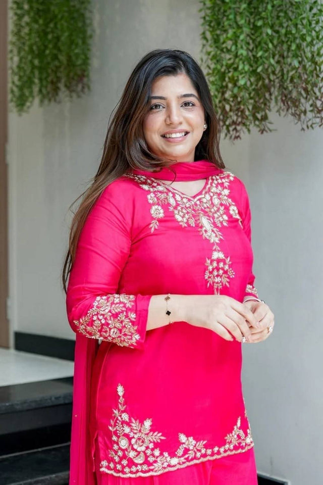 Pink Floral Embroidered Chanderi Sharara Suit Set (NYS-S2104AK-Pink)