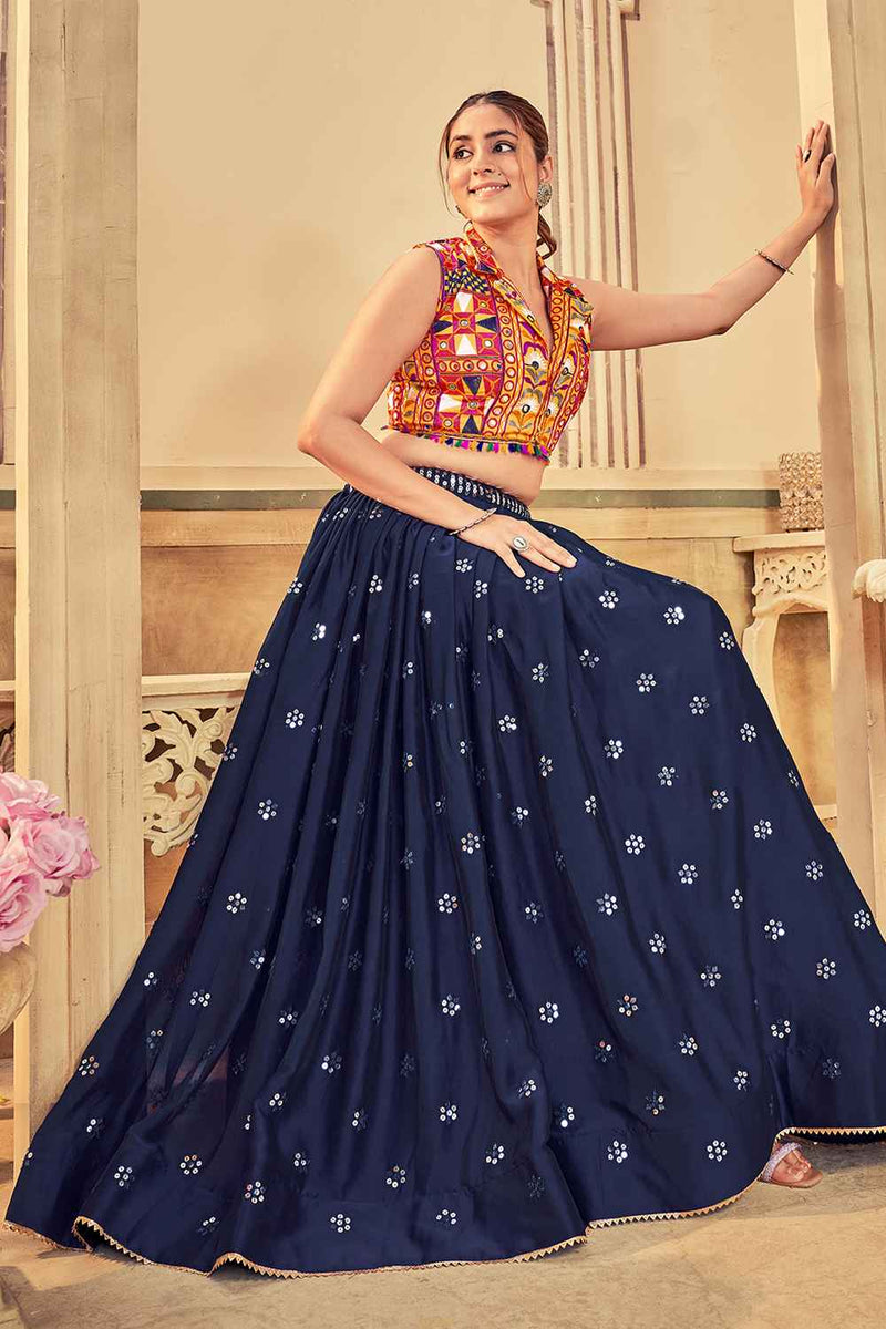Buy Blue Sequin Rangoli Silk Lehenga Online - KARMAPLACE