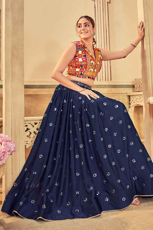 Blue Sequin Rangoli Silk Lehenga