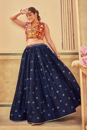 Blue Sequin Rangoli Silk Lehenga