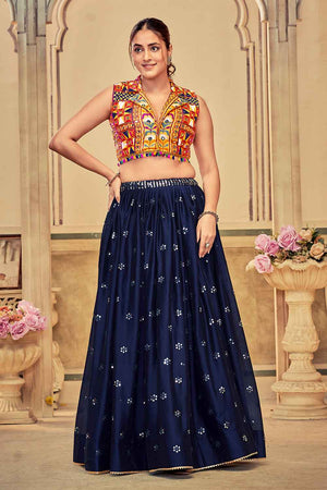 Blue Sequin Rangoli Silk Lehenga