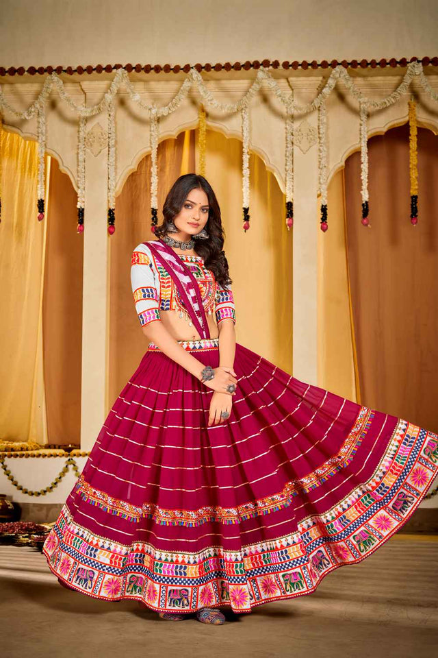 Pink Embroidered With Lace Work Georgette Lehenga