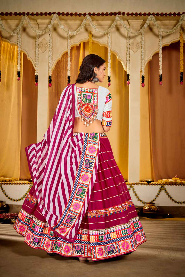 Pink Embroidered With Lace Work Georgette Lehenga