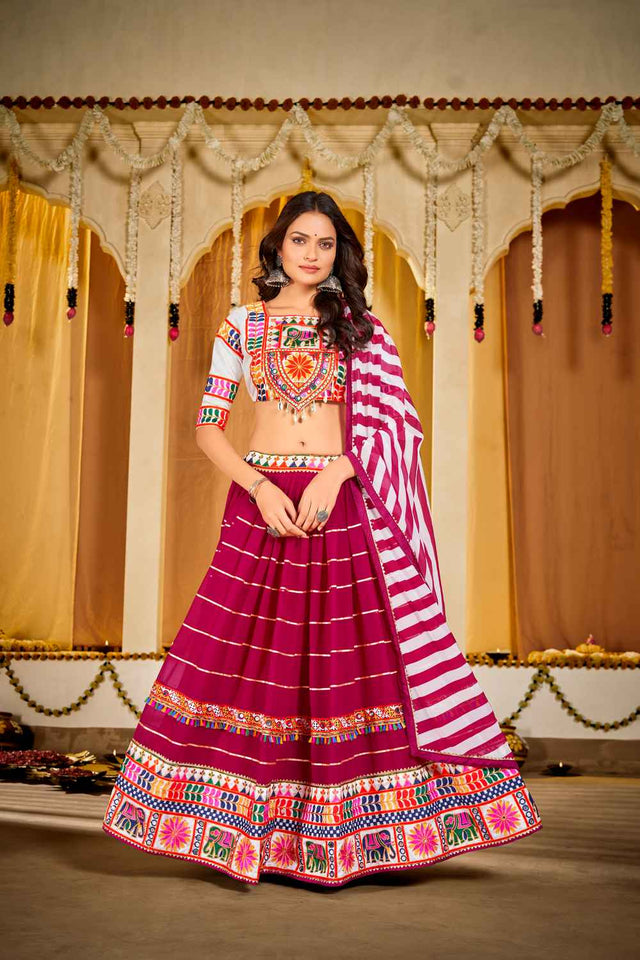 Pink Embroidered With Lace Work Georgette Lehenga