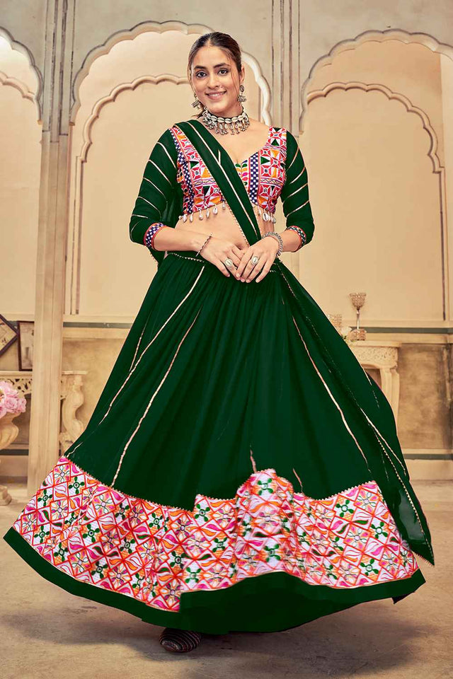 Green Embroidered With Lace Work Georgette Lehenga