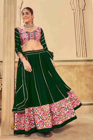 Green Embroidered With Lace Work Georgette Lehenga