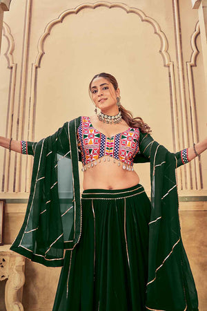 Green Embroidered With Lace Work Georgette Lehenga