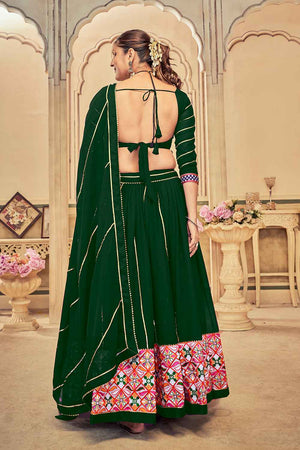 Green Embroidered With Lace Work Georgette Lehenga