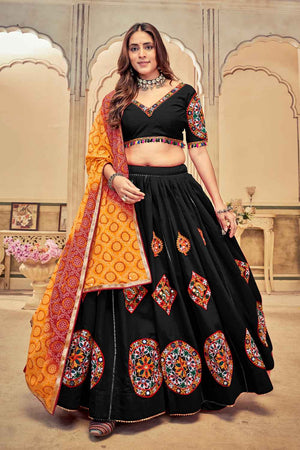 Black Embroidered Cotton Lehenga