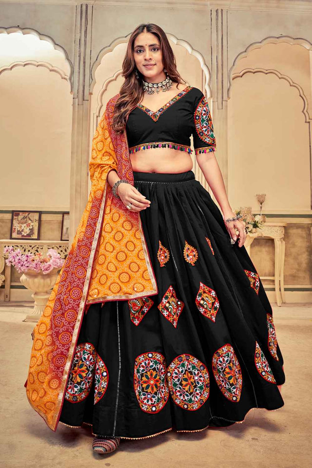 Black Embroidered Cotton Lehenga