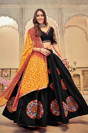 Black Embroidered Cotton Lehenga