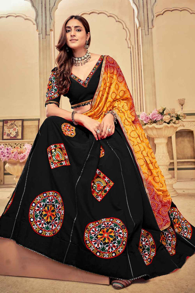 Black Embroidered Cotton Lehenga