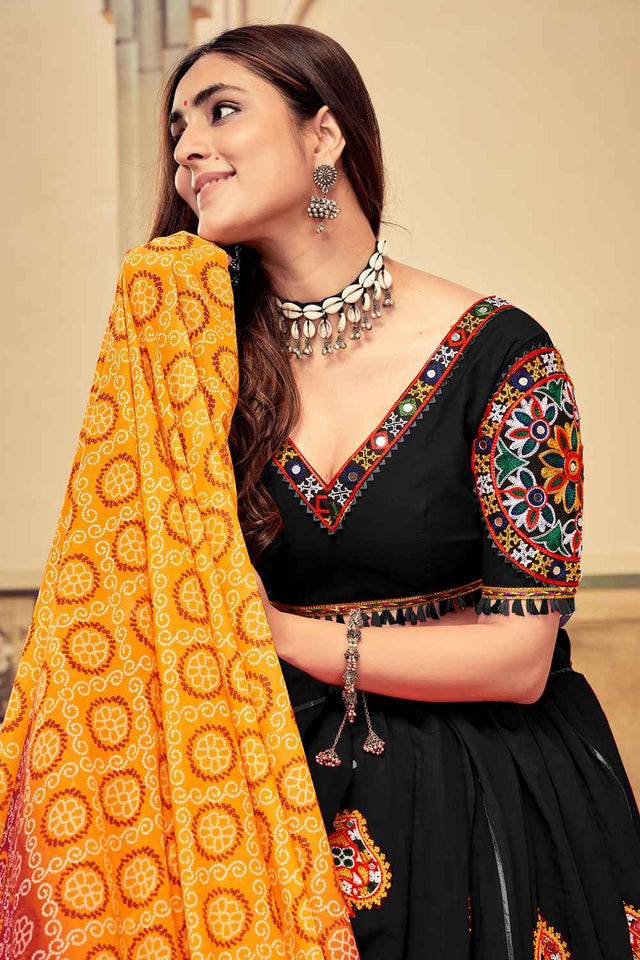 Black Embroidered Cotton Lehenga
