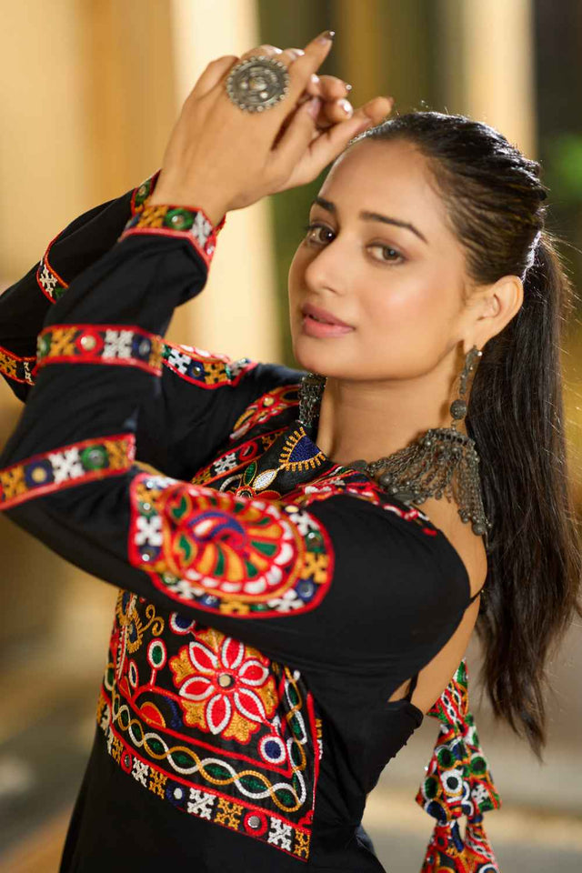 Black Embroidered Rayon Kurti