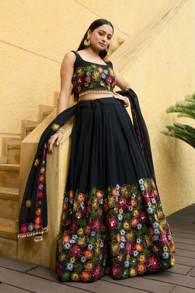 Black Embroidered Georgette Lehenga