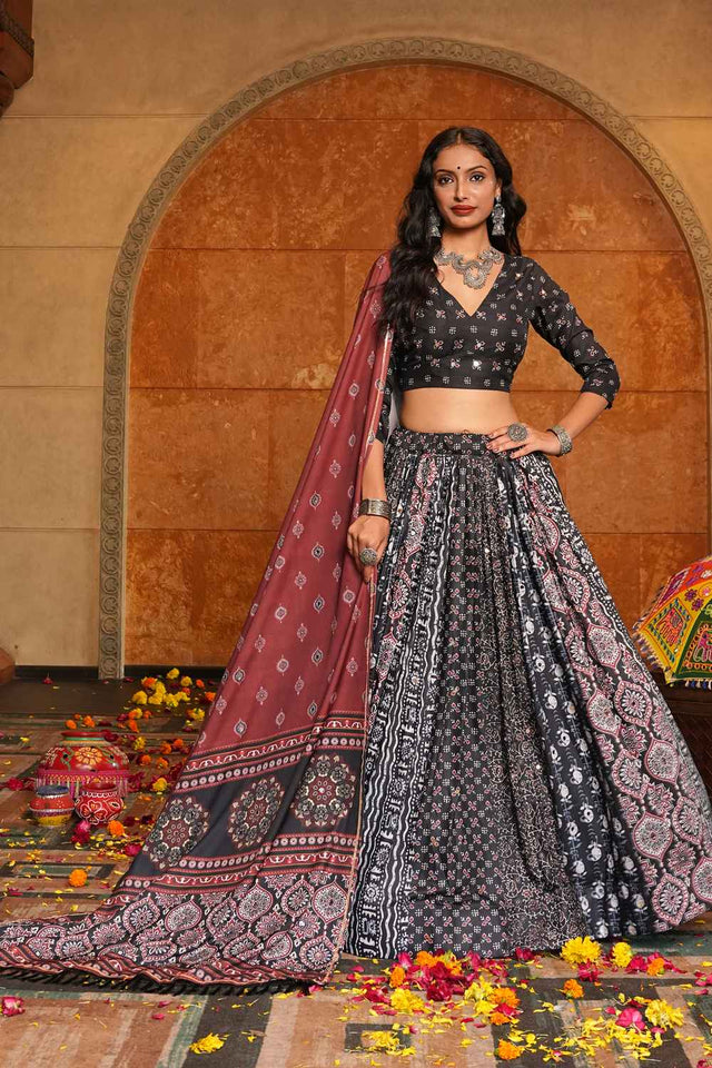 Black Printed Crepe Lehenga