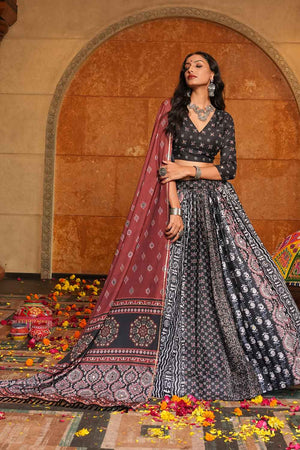 Black Printed Crepe Lehenga