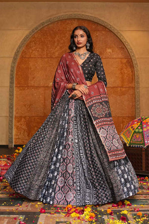 Black Printed Crepe Lehenga