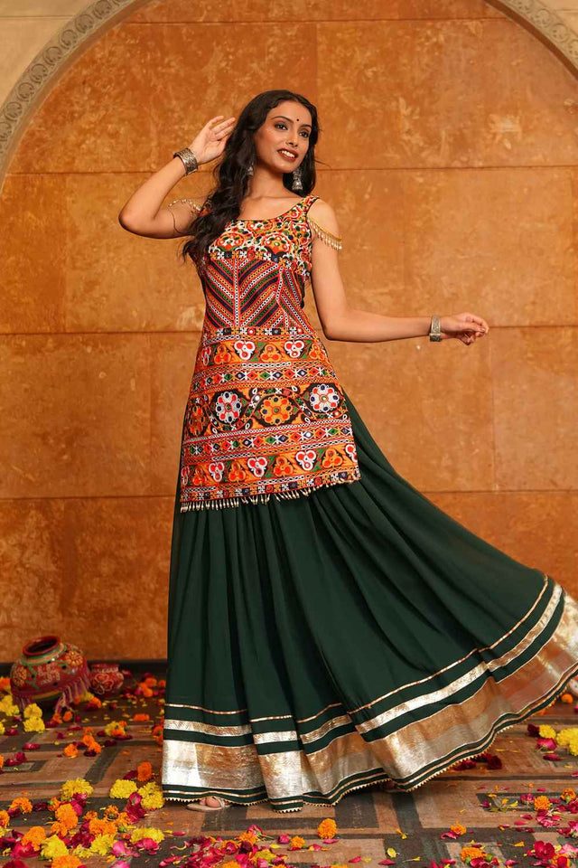 Green Solid Georgette Lehenga