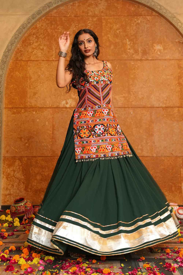 Green Solid Georgette Lehenga