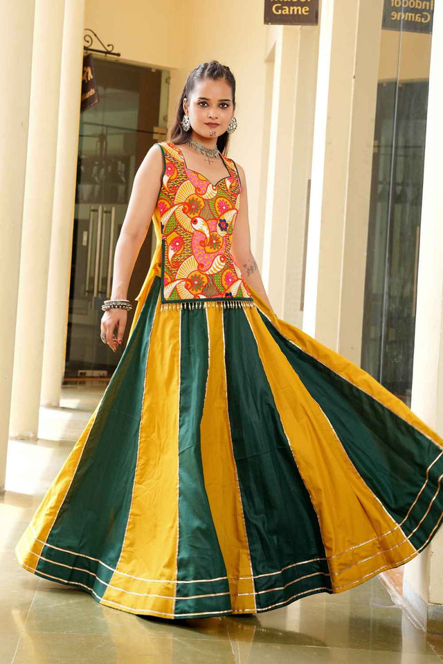 Mustard Lace Work Cotton Lehenga