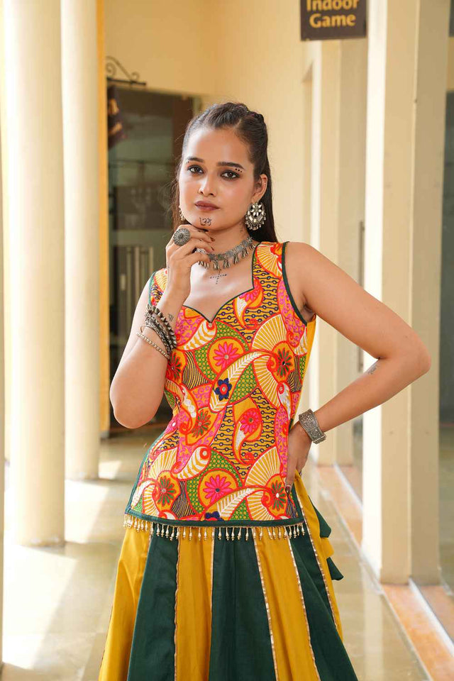 Mustard Lace Work Cotton Lehenga