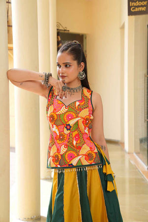 Mustard Lace Work Cotton Lehenga