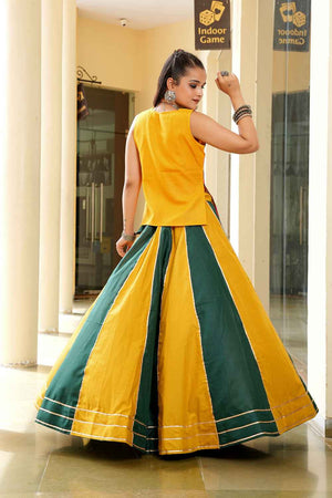 Mustard Lace Work Cotton Lehenga