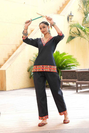 Black Embroidered Cotton Kurti Set
