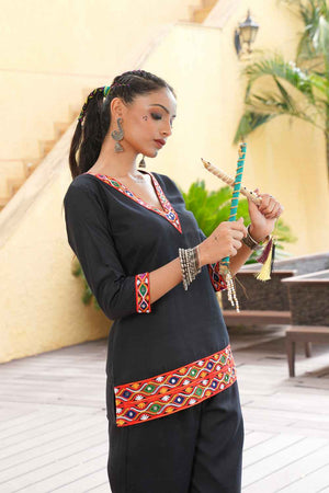 Black Embroidered Cotton Kurti Set