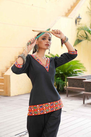 Black Embroidered Cotton Kurti Set