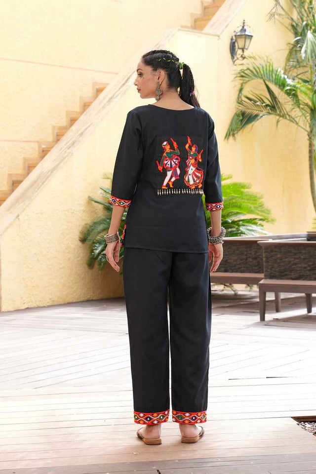 Black Embroidered Cotton Kurti Set