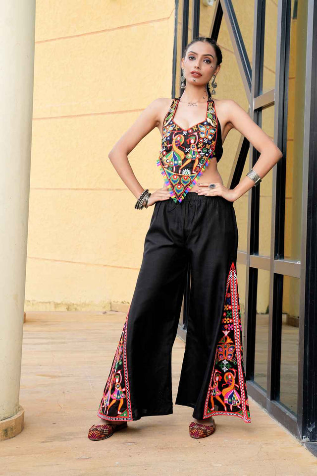 Black Embroidered Cotton Kurti Set