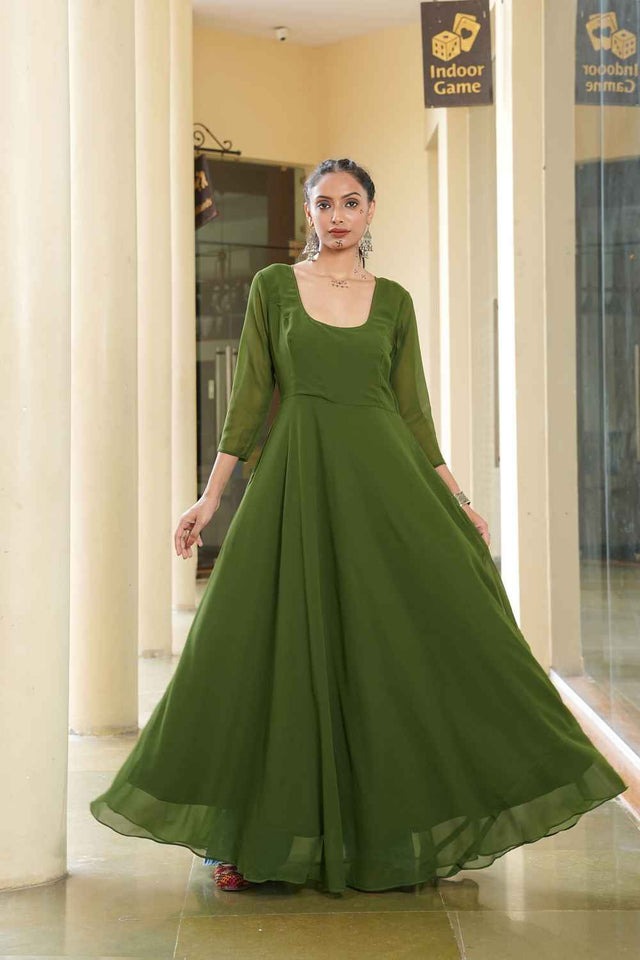 Mehendi Embroidered Georgette Gown With Jacket