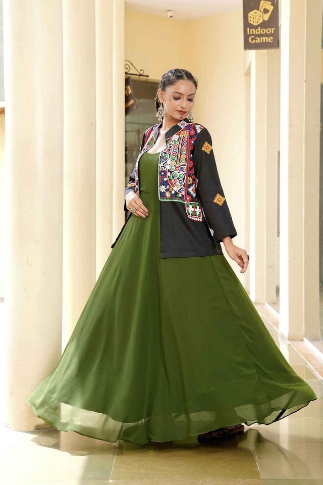 Mehendi Embroidered Georgette Gown With Jacket