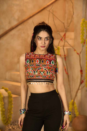 Black Embroidered Ribbed Kurti Set