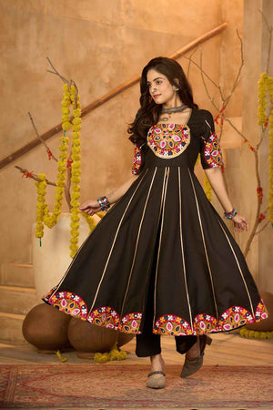 Black Embroidered Cotton Kurti Set