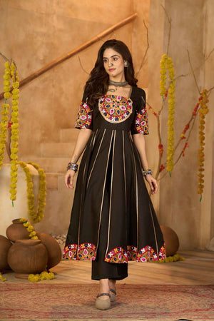 Black Embroidered Cotton Kurti Set