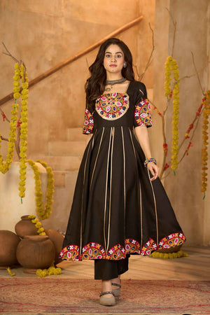 Black Embroidered Cotton Kurti Set