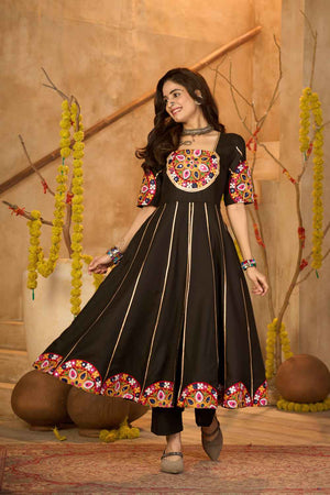 Black Embroidered Cotton Kurti Set