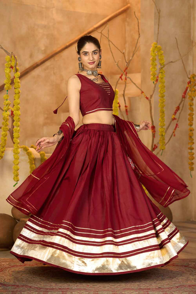 Maroon Lace Work Silk Lehenga