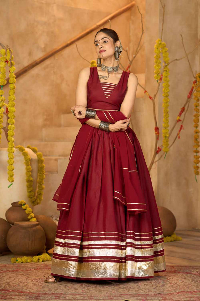Maroon Lace Work Silk Lehenga