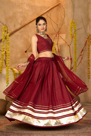 Maroon Lace Work Silk Lehenga