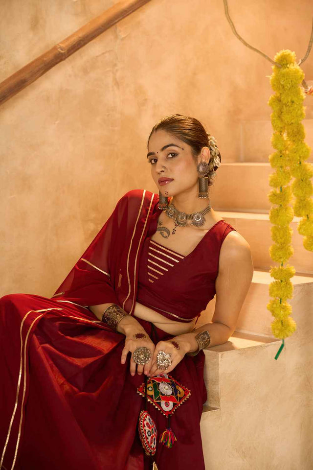 Maroon Lace Work Silk Lehenga