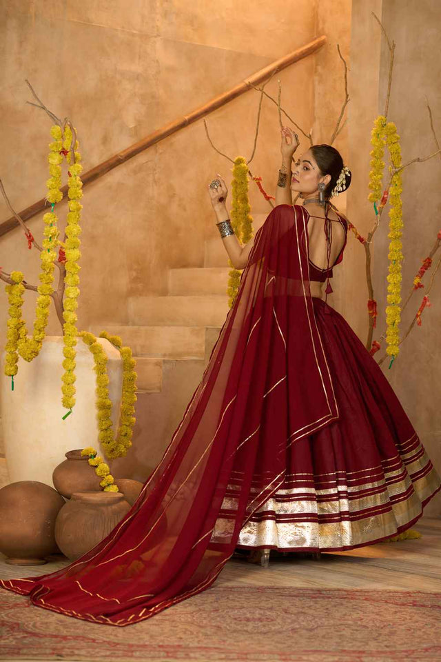 Maroon Lace Work Silk Lehenga