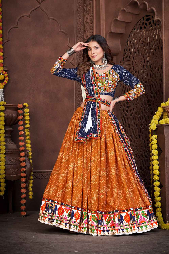 Mustard Printed Cotton Lehenga