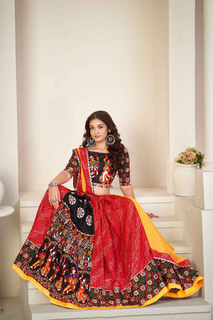 Red Embroidered Cotton Lehenga
